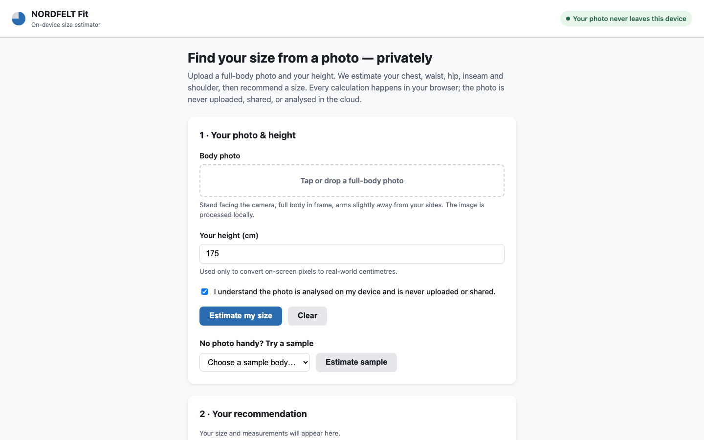 In-browser Fashion Fit Estimation on In-browser Fashion Fit Estimation — Desktop · Light